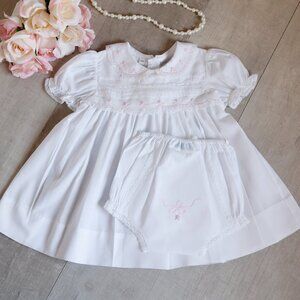 White Dress Feltman Brothers Friedknit Pink Embroidery Special Diaper Cover NWOT